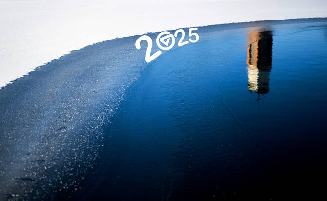 2025 superimposed over photo of frozen Zumberge pond.